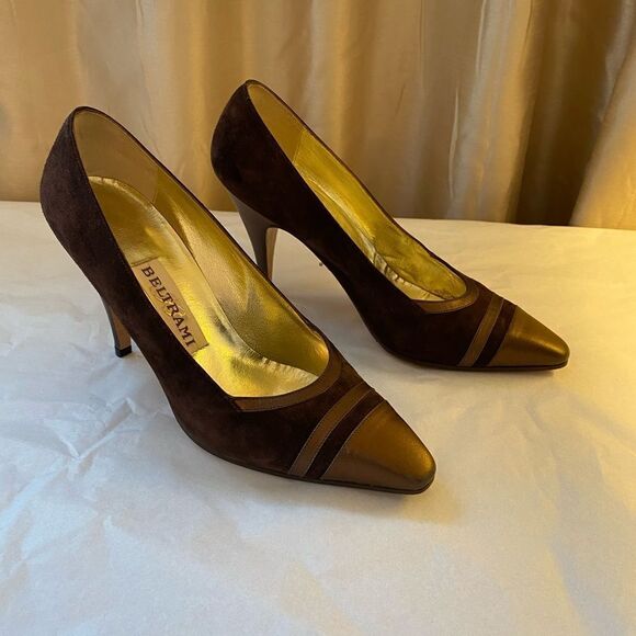 RARE Beltrami vintage cap toe chocolate suede pumps size 5 excellent condition - Picture 2 of 13